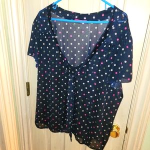 Womens plus sz 2X short sleeve sheer Polka dot shirt with bow Julie's Closet